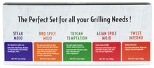 Load image into Gallery viewer, Gourmet Rub 5-pack Gift Set (includes Asian Spice Mojo, BBQ Spice Mojo, Steak Mojo, Sweet Inferno, Tuscan Temptation)