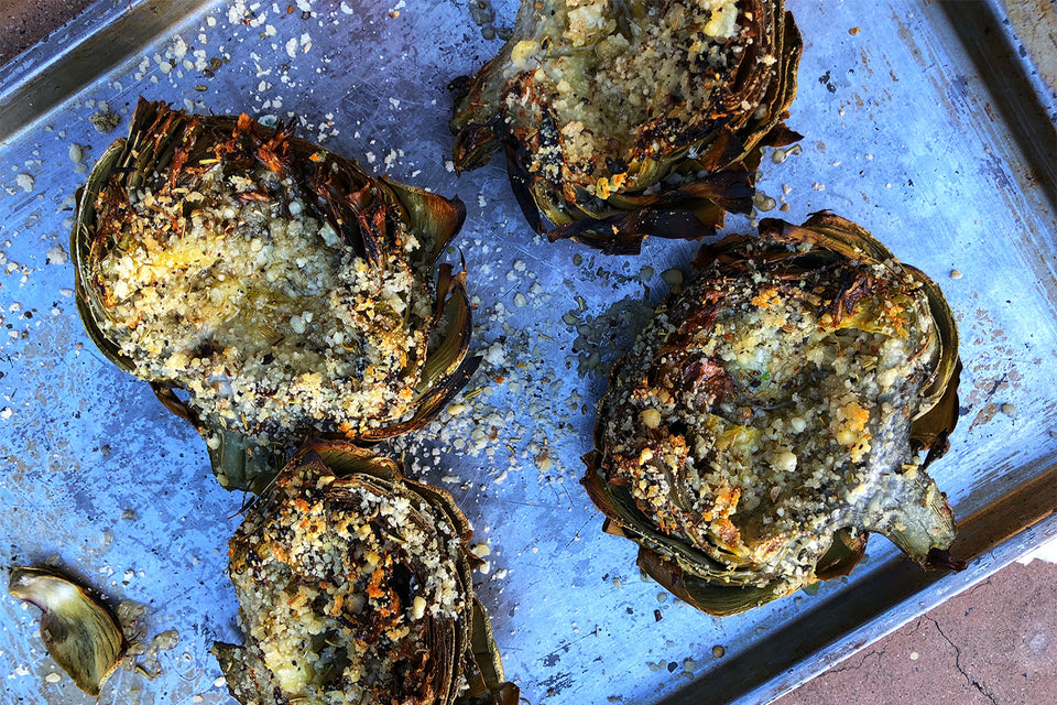Fire-grilled artichoke topped with savory spices from Rockin' Rubs spice blends.
